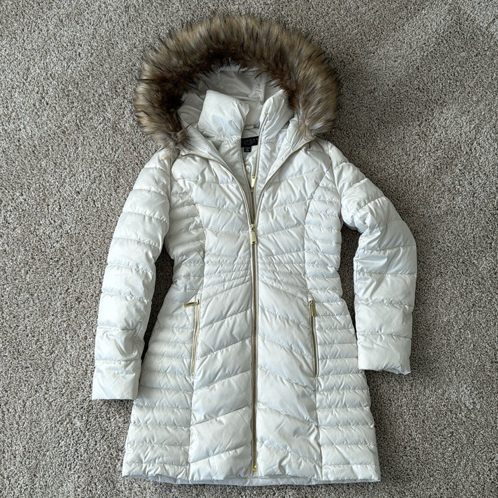 Laundry long white puffer coat with gold zippers